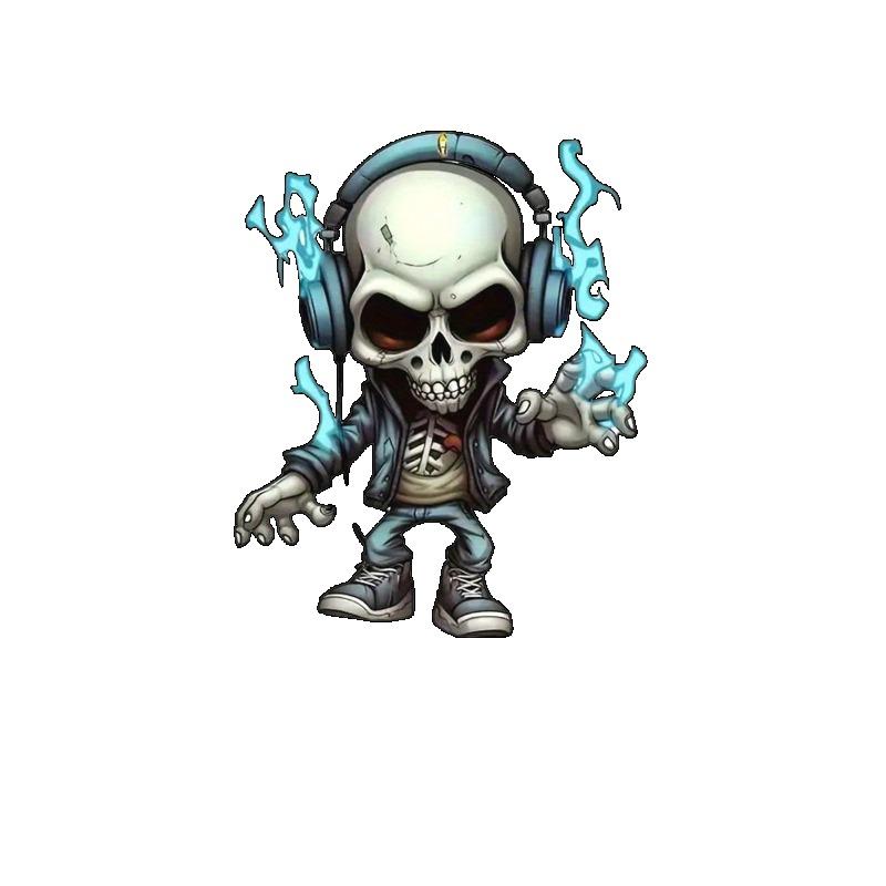 Crewneck T Shirt Black Skull with Headphones and Blue Flames Graphic Print for Casual Wear