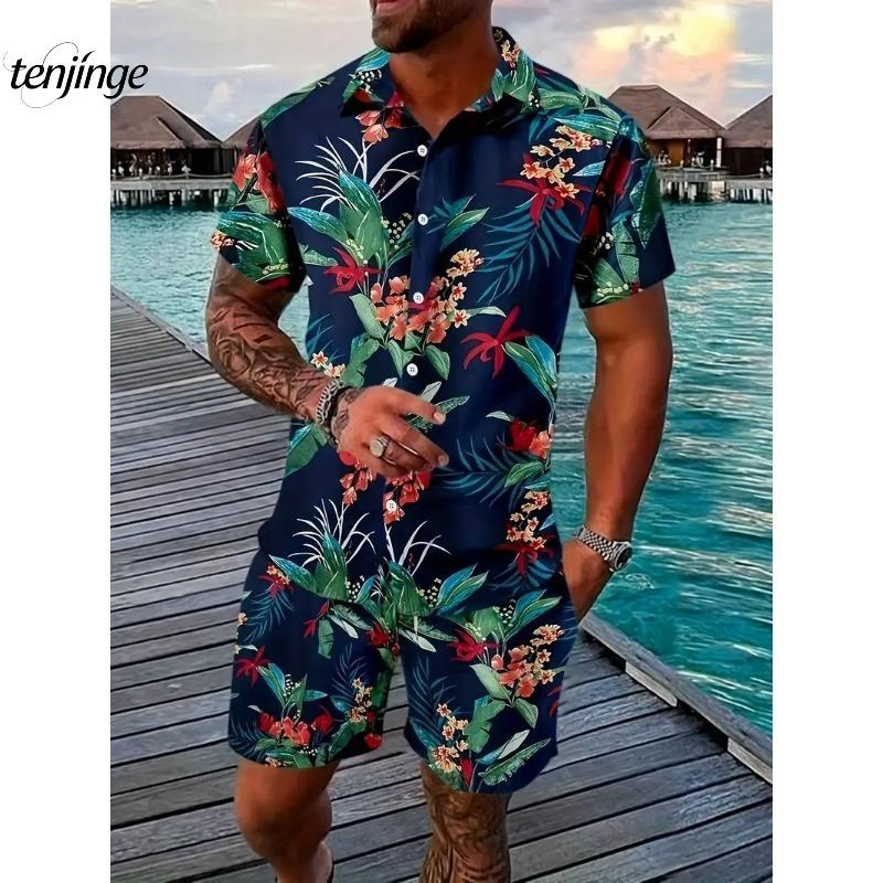

Мужские комплекты рубашек 3D-принт Ретро цветочный Короткий рукав Повседневные Оверсайз Пляжные шорты Летняя уличная одежда Гавайские костюмы Одежда XXXL