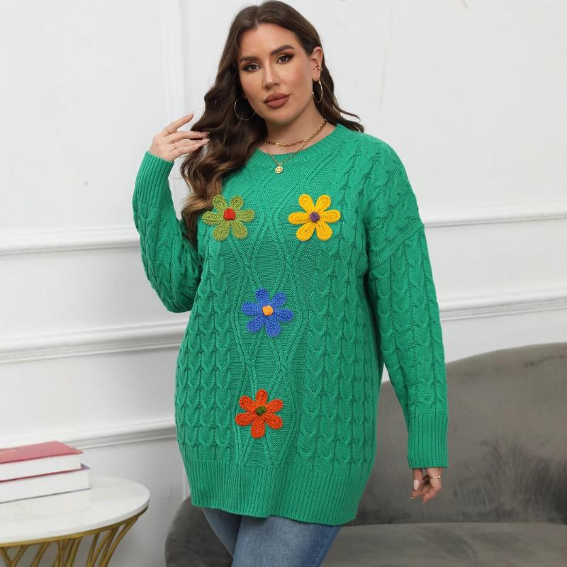 Women's Pullover Women's Round Neck Three-dimensional Embroidered Flower Splicing Bottoming Sweater Top