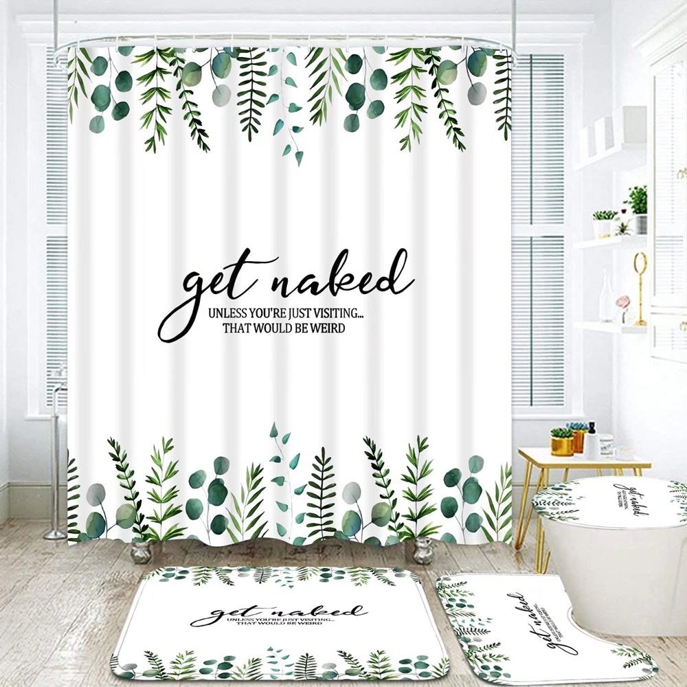 Green Leaves Shower Curtain Sets Spring Rural Plant Flower Bathroom Curtains Non-Slip Toilet Lid Cover Rug Baths Mats Home Decor