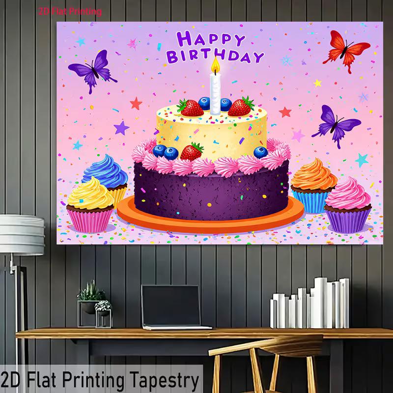 2D Happy Birthday Themed Backdrop, Cake, Cupcakes and Butterflies for Sweet Birthday Celebrations