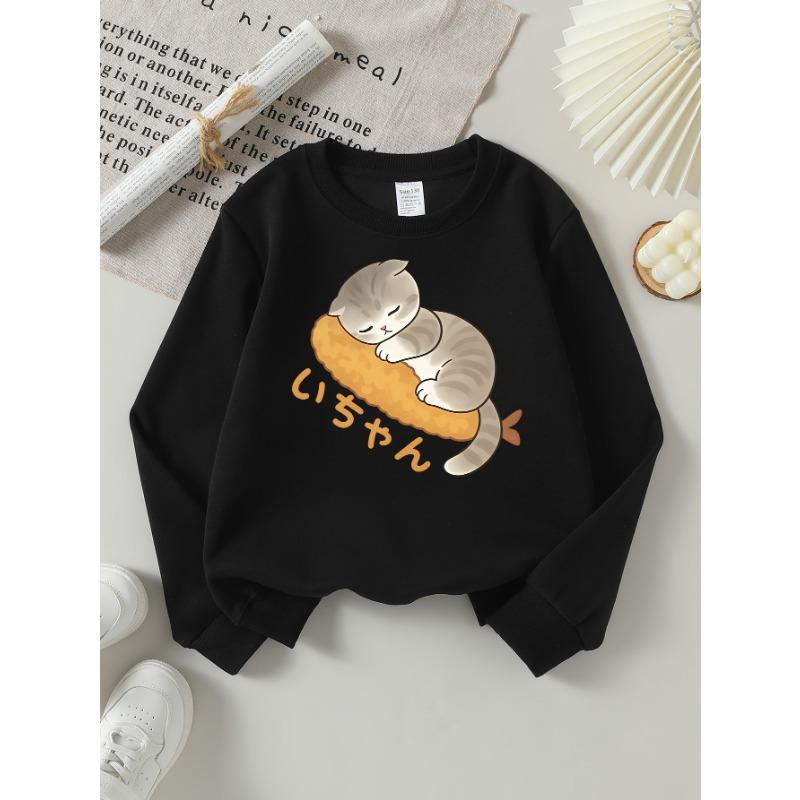 European Sizes Girls' Long-Sleeve Round Neck Sweatshirt "Sleeping Cat" Print, Spring/Autumn, Casual, Daily & Sports.