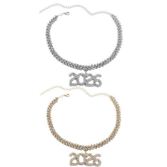 2026 Hip Hop Rhinestone Pendant Necklace Sparkling Bling Number Necklace for Women Fashion Party Jewelry Gift Adjustable Chain New Year Celebration