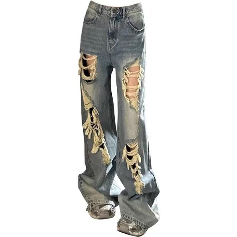 Petite Women's Retro High-Waist Ripped Jeans: Distressed, Loose, Wide-Leg