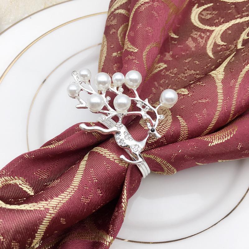 Christmas Fawn Napkin Ring, Metal Buckle Cloth Ring, Gold and Silver Pearl, Wedding Table Decoration, 12 PCs/Lot