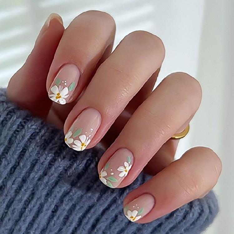24 Pcs Short Square Press On Nail Flowers False Nail Sweet Acrylic Nail Glossy Full Cover Stick On Nail for Woman