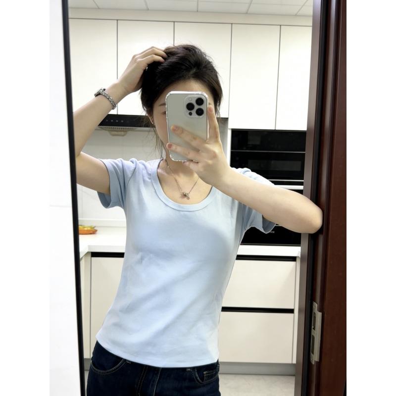 U-neck cotton short-sleeved T-shirt women's summer new solid color slim-fitting and thin shoulder low-neck top