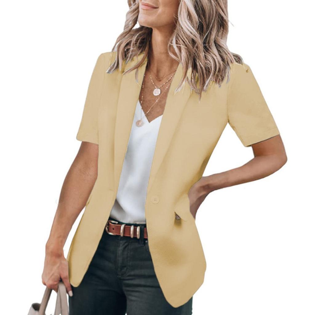 Women's Notched Collar Short Sleeve Blazer Loose Fit Solid Color Single Button Casual Summer Outerwear