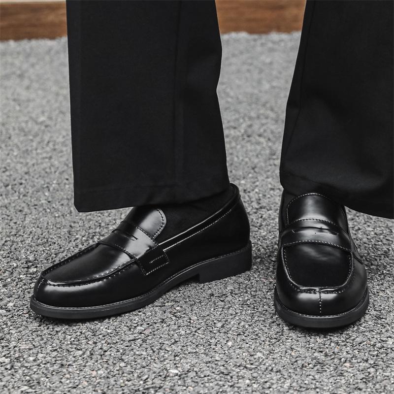 Men's Black Leather Slip-on Loafers, Casual Business Formal Derby Shoes, British Style, 14532-J