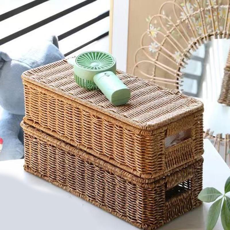 Rectangular Woven Storage Bin With Cover Plastic Storage Basket For Wine Present Packaging And Household Organization