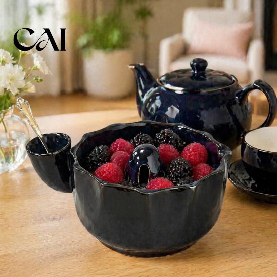 Small Tomato Cleaning Basin Ceramic Berry Washing Bowl, with Side Pouring Spout And Drain Fruit Colander Bowl Holes Design, Self Spinning Strainer,