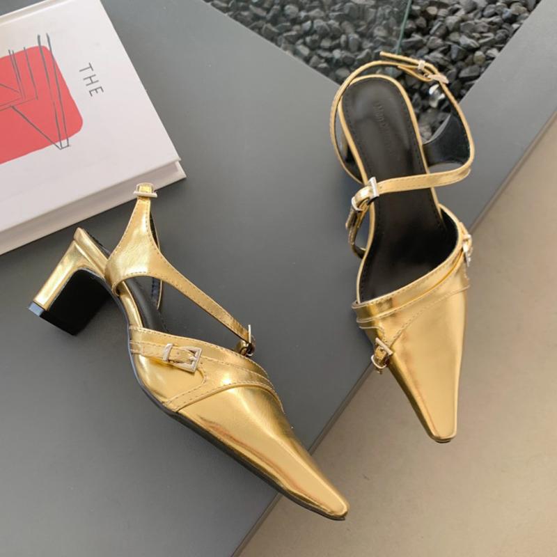 Summer Ins Designer Women Gold White Block High Heels Sandals Luxury Brand Closed Toe Slingback Sandals Wedding Prom Shoes