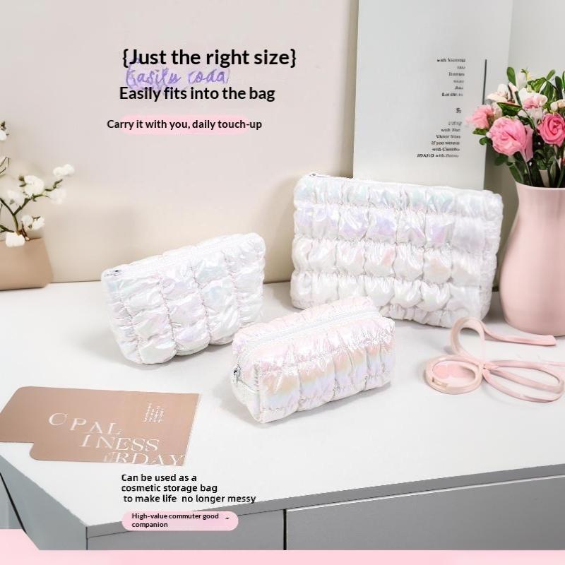 Iridescent Pink Puffy Makeup Bag With Bubble Grid Design Large Capacity For Travel Daily Cosmetic Storage