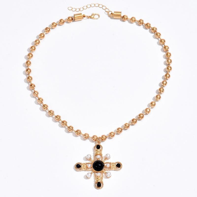 

Imitation pearl cross necklace pendant niche octagram retro beaded chain collarbone chain