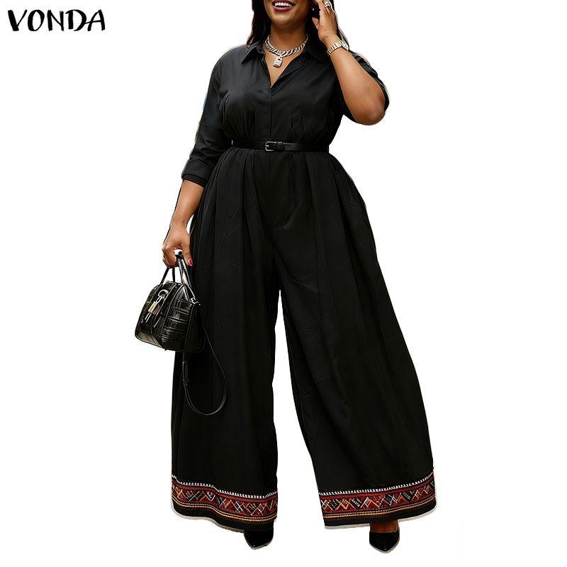 VONDA Damen Lapel Kragen 3/4 Ärmel Lässig Elegant Lang Weiter Bein Jumpsuit Rompers Für Große