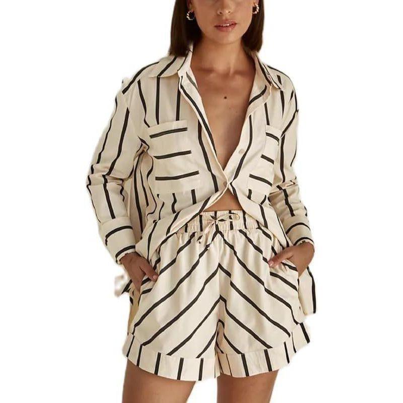 2025 European and American Women Fashion Casual Stripe Contrast Color Patchwork Print Cardigan Shirts Shorts Set