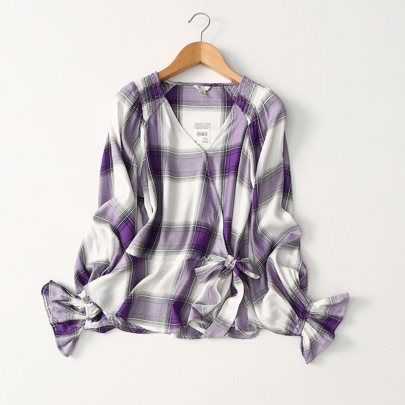 

Foreign Trade Original Order Export High Quality Elegant V-neck Flared Sleeves Side Lace-up Twill Cotton Silk Shirt Women s Long Sleeve Tops PURPLE BLACK CHECK Eurocode-L