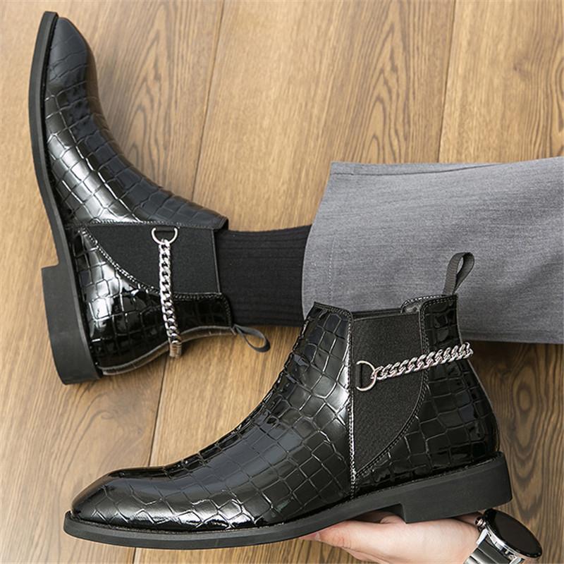 Wniter New Male Pointed Alligator Pattern Metal Chain Ankle Boots Men Casual Luxury High Top Platform Shoes Zapatos Hombre