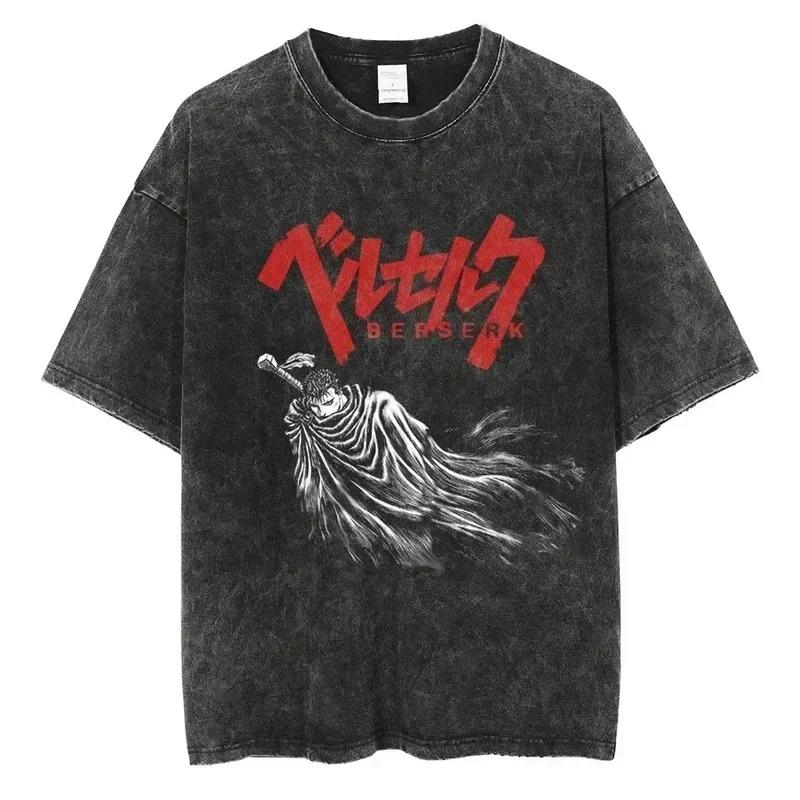 Berserk Guts Il Guerriero Nero Occhi Iconici Arrabbiati Stampa Grafica Vintage Lavato Usurato Oversize Manica Corta Casual Dark Fantasy Anime Manga