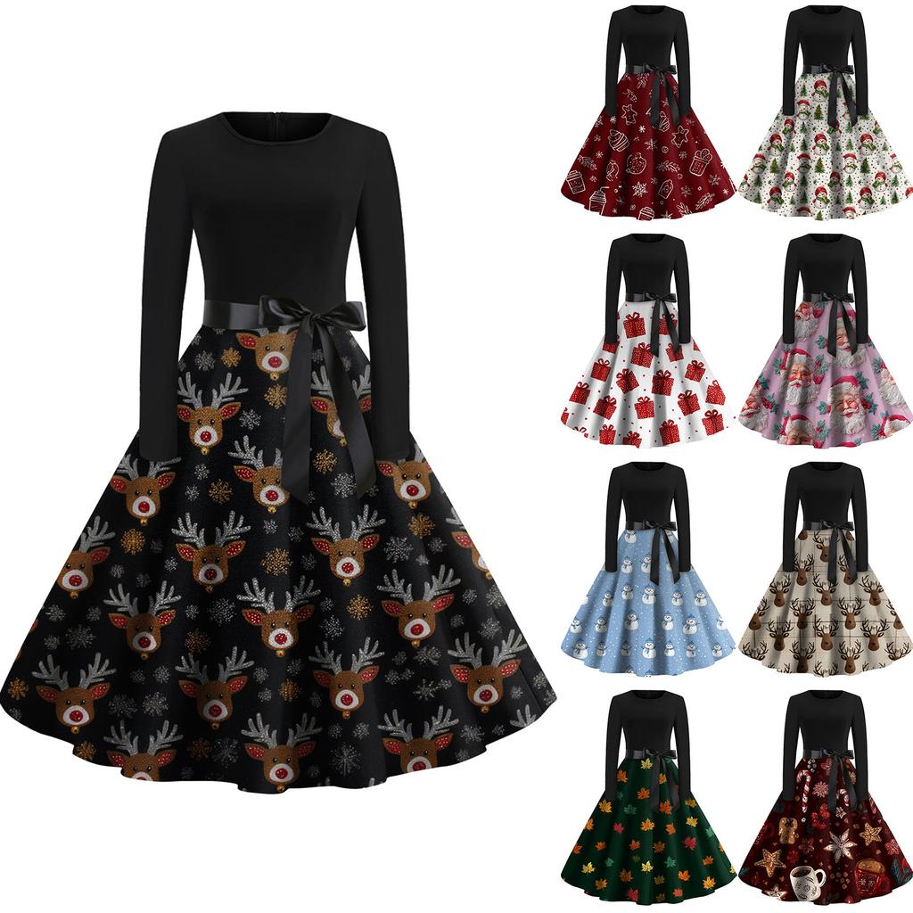 Damenmode Rundhals Lässig Slim Fit Weihnachtsdruck Weit schwingendes Langarmkleid