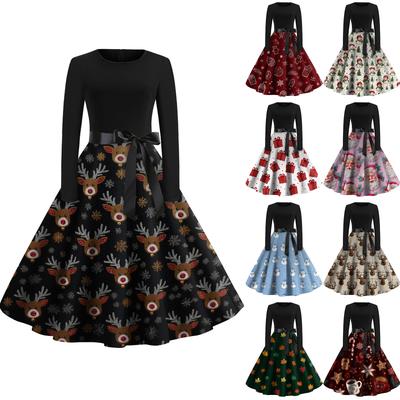 Women's Fashion Round Casual Slim Fit Christmas Print Large Swing Long Sleeve Dress