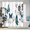 Blue Butterfly Gear Clock Shower Curtain Waterproof Decorative Home Bath Tub Rug