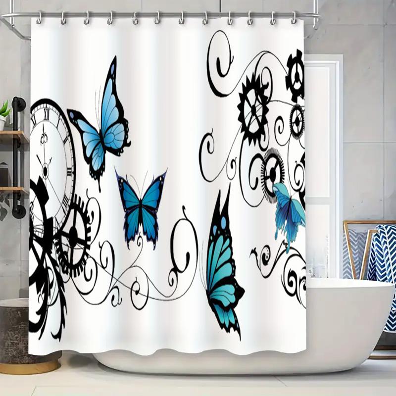 

Blue Butterfly Gear Clock Shower Curtain Waterproof Decorative Home Bath Tub Rug 90x180cm