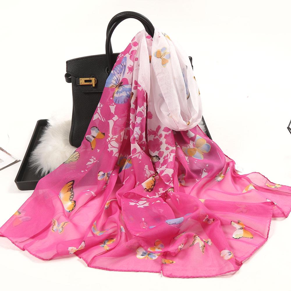 Chiffon Lotus Print Long Scarf - Lightweight, Thin Spring/Autumn Silk Accessory for Middle-Aged & Elderly