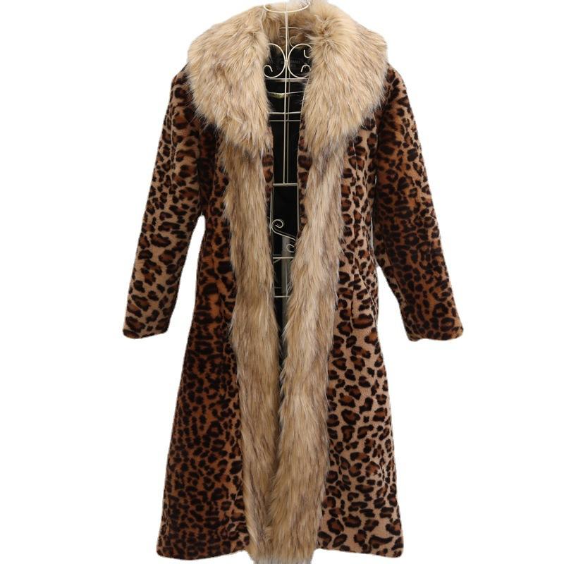 Women's leopard print fur jacket long mink coat fox hair big fur collar winter warm trench coat loose large size