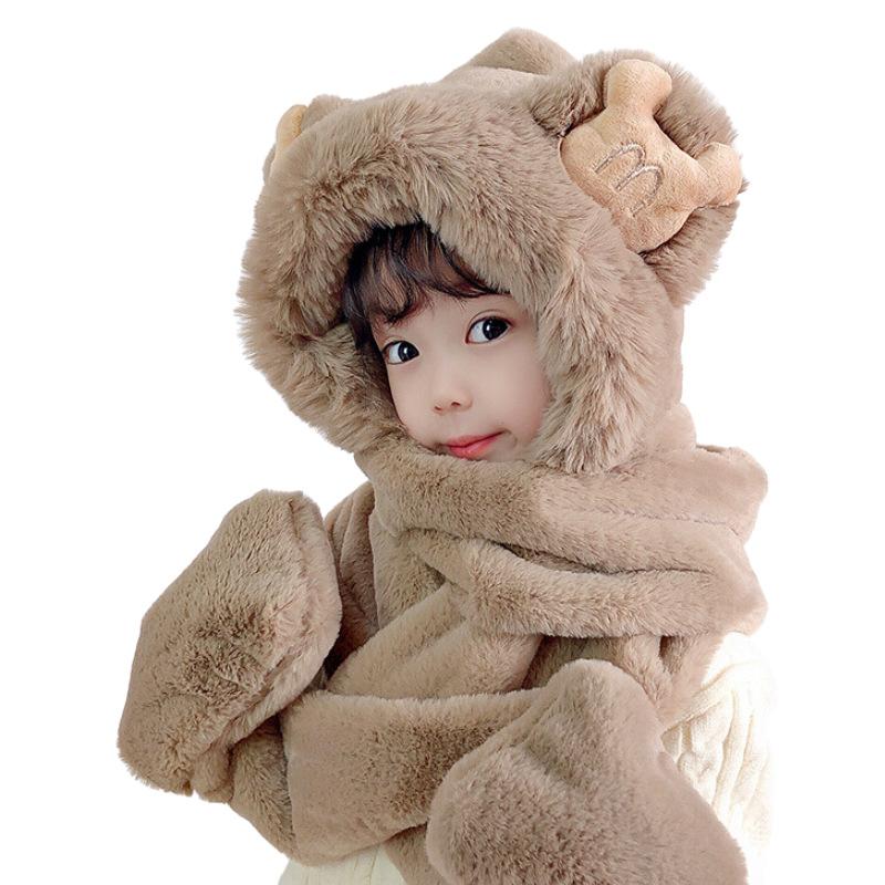 Children's Three-piece Hat Winter Cute Girl Scarf Gloves Integrated Hat Baby Plush Thickened Plush Warm