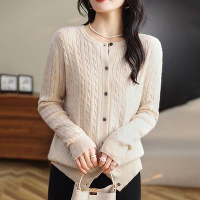 Topy dámska móda Slim Twist Jarný a jesenný pletený sveter s okrúhlym výstrihom a dlhým rukávom Pletený sveter s kardigánovou bundou