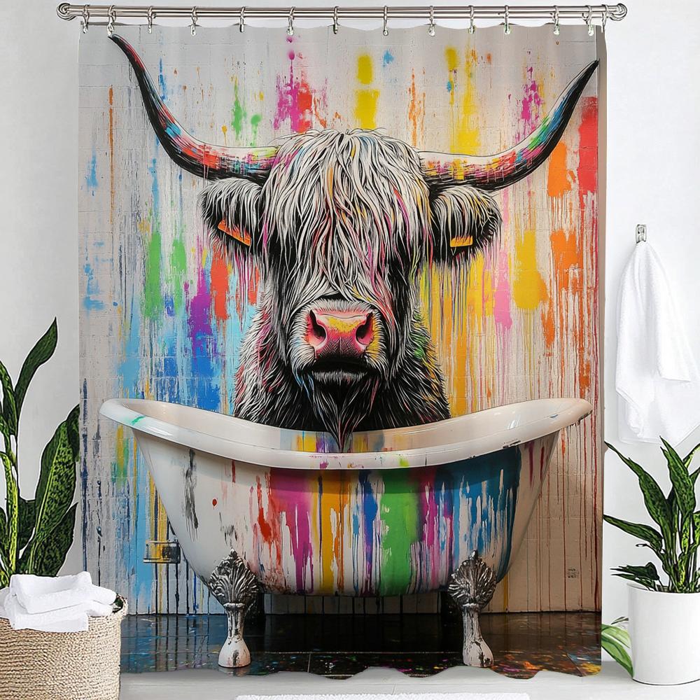 Colorful Abstract Graffiti Creative Highland Cow Print Waterproof Shower Curtain Partition Privacy Hanging Curtain with Hooks