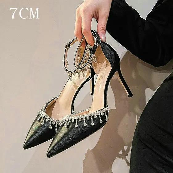 Comemore 2025 White Wedding Bridesmaid Shoes Satin Rhinestone Fringe Chain High Heels Black Temperament Elegance Pumps