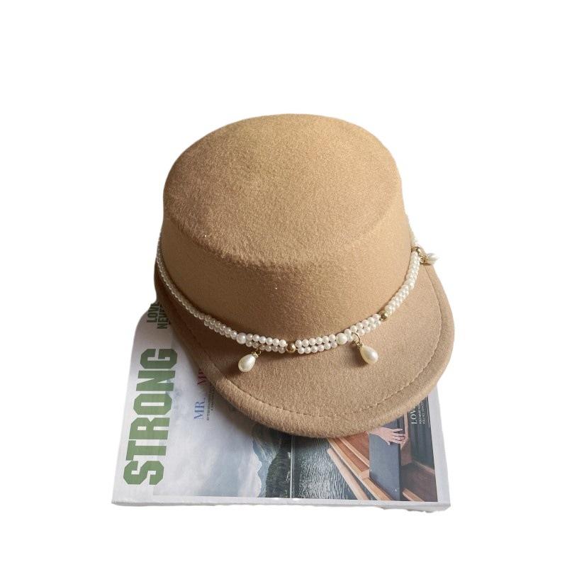 French Pearl Chain Top Hat Women's Autumn and Winter Warm Flat Top Felt Hat British Celebrity Retro Versatile Fashion Hat