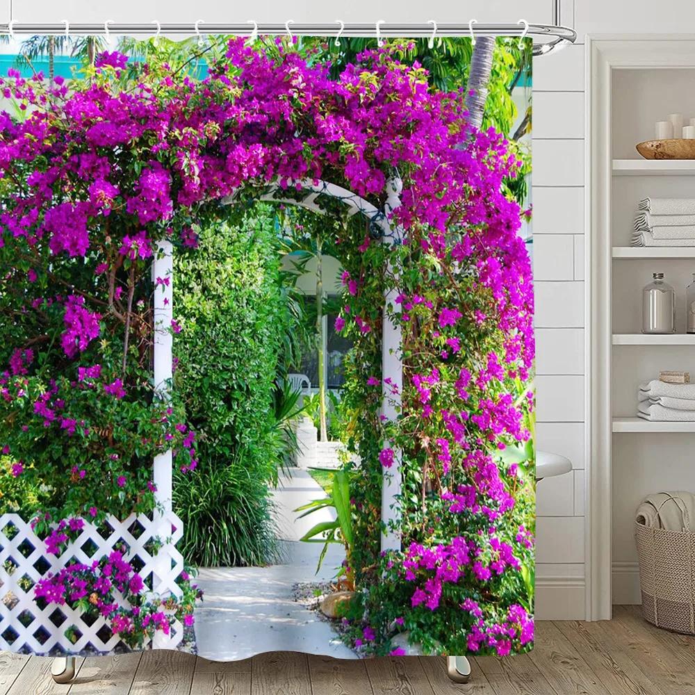Greek Town Street View Shower Curtain Blue Wooden Doors Windows Flower Plant Wall Decor Bathroom Hanging Curtains Set With Hooks