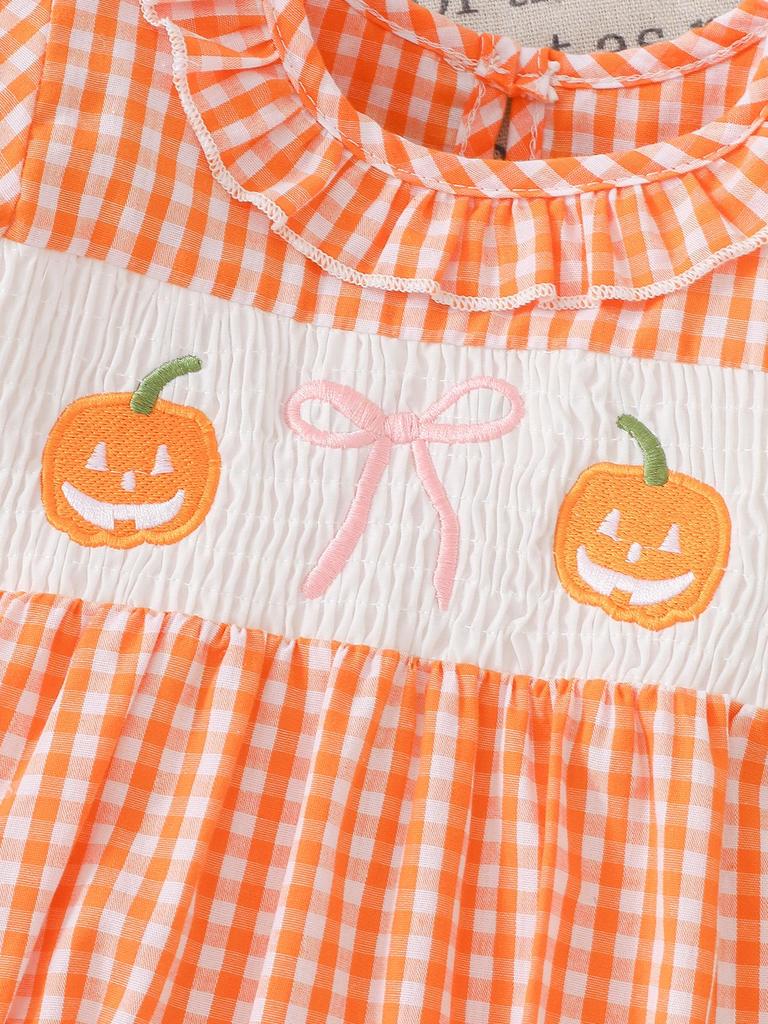 Pumpkin Short Sleeve Bodysuit with Lotus Leaf Collar and Bow