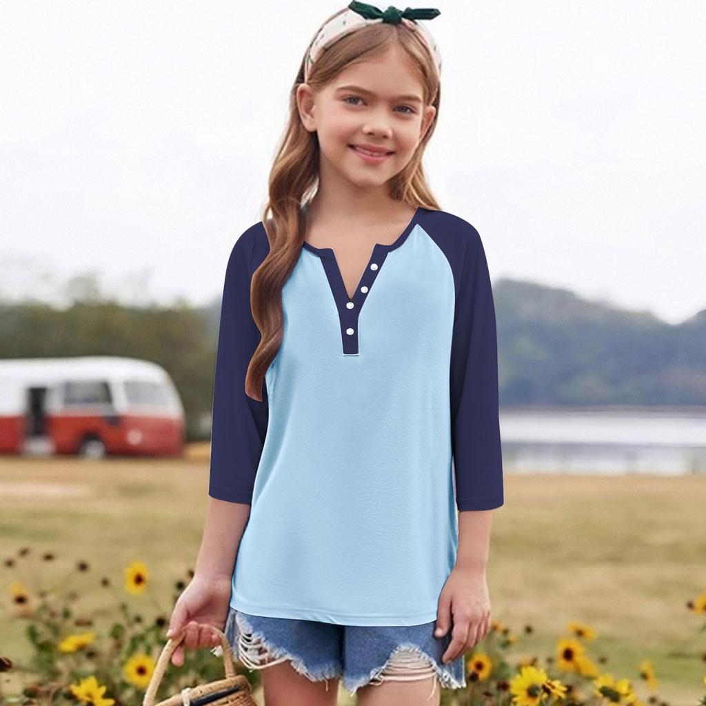Print Tops For Youth Girls Round Neck 3/4 Sleeves T-Shirts Trendy Tops Outfit Tees
