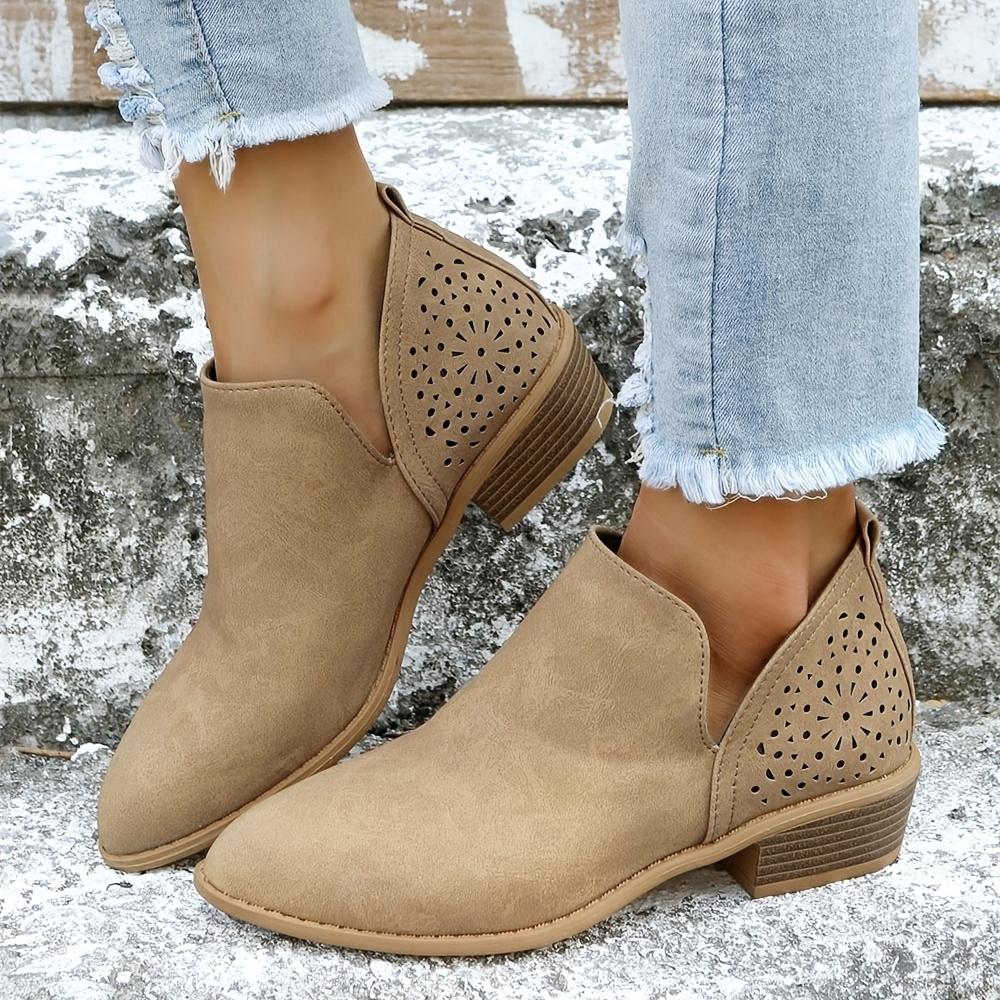 Elegantní kotníkové boty s V-výstřihem - Děrovaný robustní podpatek, Špičatá špička, Pohodlná stélka, Snadný nazouvací design, Stylová dámská obuv pro každodenní nošení