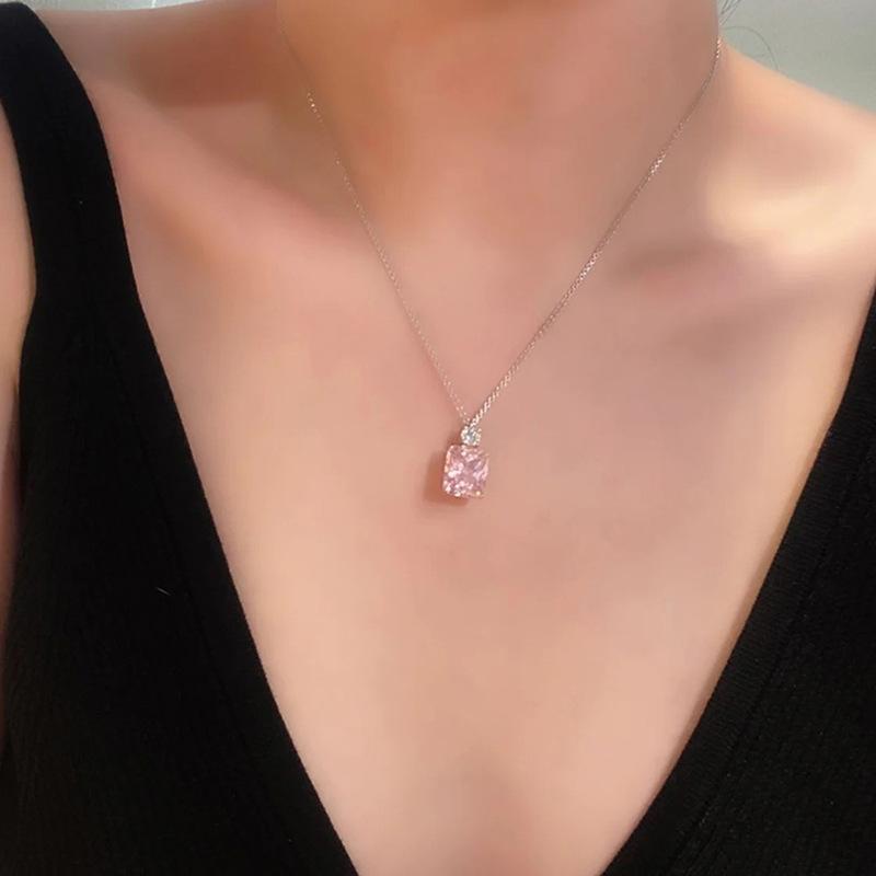 Square Shaped Pink Crystal Cubic Zirconia Necklace for Trend Party Two Tone Plated Pendant Necklaces for Women