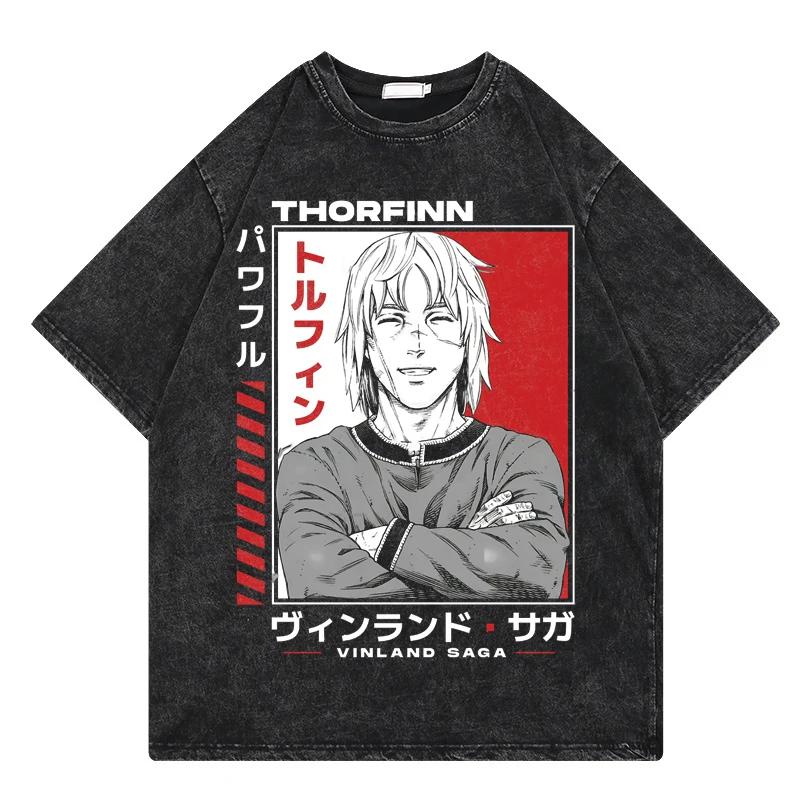 Vinland Saga Anime Vintage Washed Tshirt Graphic Print Hip Hop Streetwear Loose Y2k Summer Short Sleeve Cotton Top