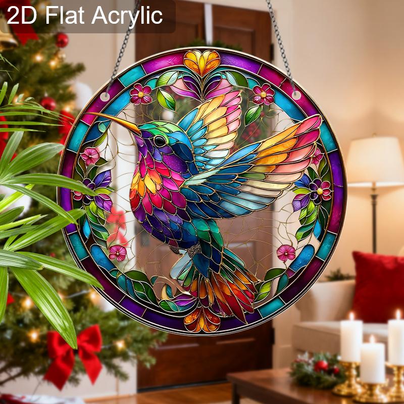 Acrylic Colorful Hummingbird Stained Glass Style Suncatcher, 2D Flat Acrylic Window Hanging Ornament for Nature & Art Lover Gifts