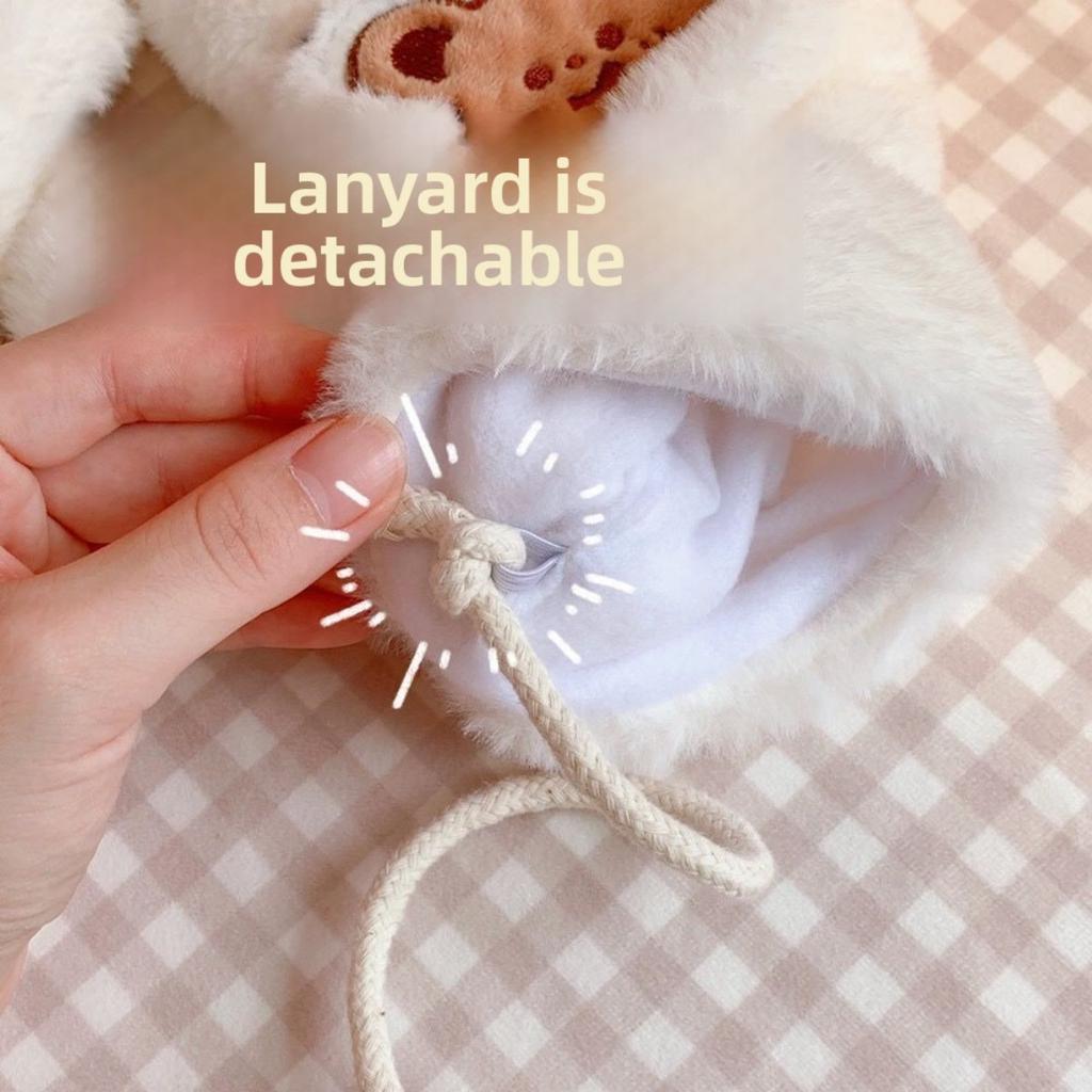 College Style Cartoon Gloves with Thick Windproof and Warm Fur for Autumn and Winter, Casual Plush Cute Teddy Bear with Fingers Hanging Around Neck