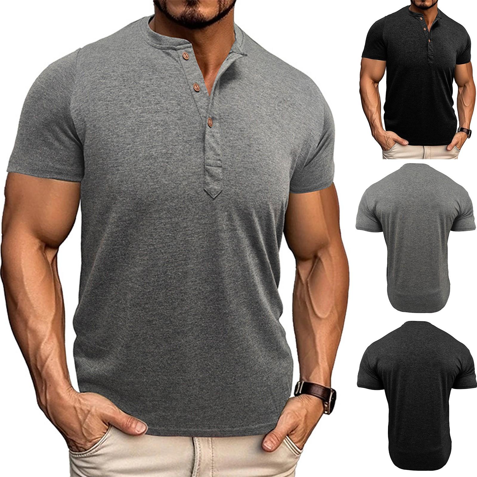 

Men s Summer Solid Color Vintage Collar Short Sleeve Stretch Sports T-Shirt Tops L чёрный