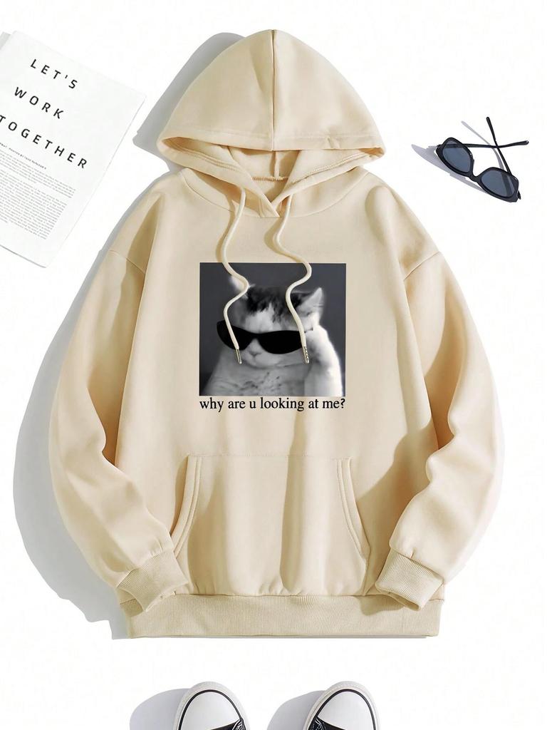 Why Are U Looking At Me? Print Hoody Men Fashion Casual Sweatshirt Simple Loose Hooded Autumn Warm Fleece Tracksuit Women