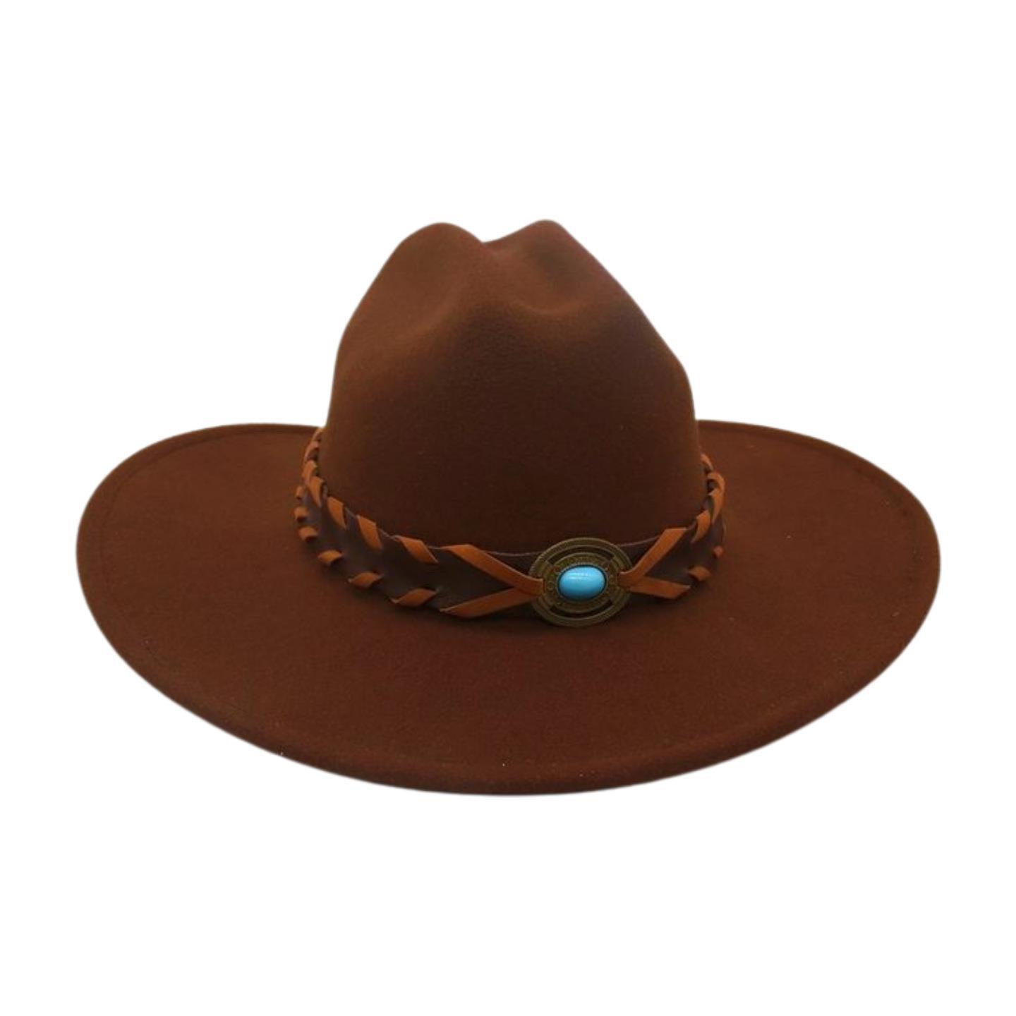 

French Flat-Brimmed Top Hat Western Cowboy Hat High-End Ethnic Style Travel Sunshade Woolen Jazz Hat [one word top] one size fits all