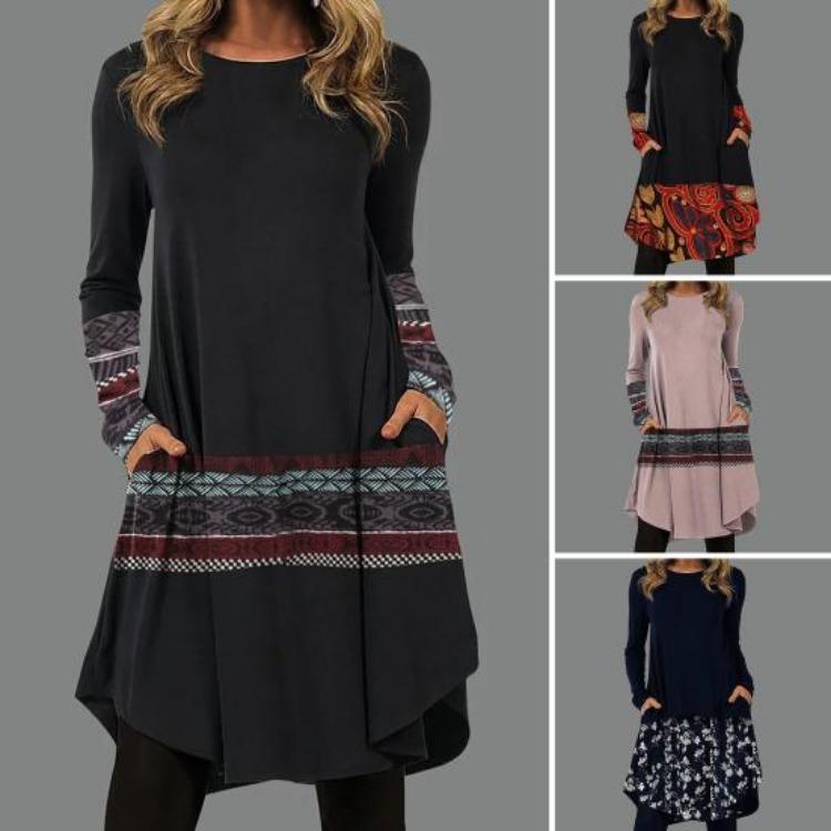 Lady Warm Long Sleeve Autumn Dress Trendy Casual Geometric Pattern Work Dress