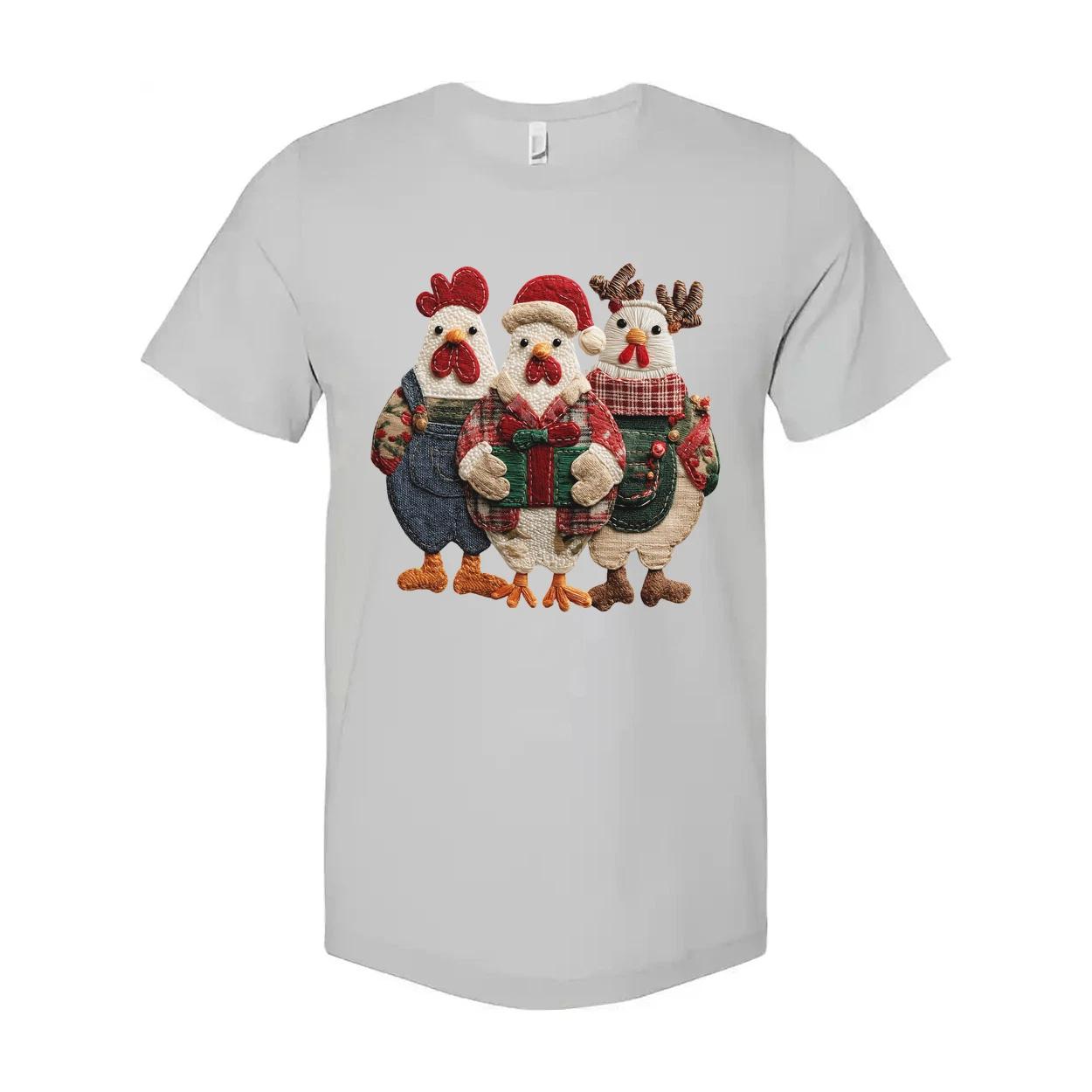 

Unisex Christmas T Shirt With Festive Three Chickens In Holiday Outfits And Gift M
