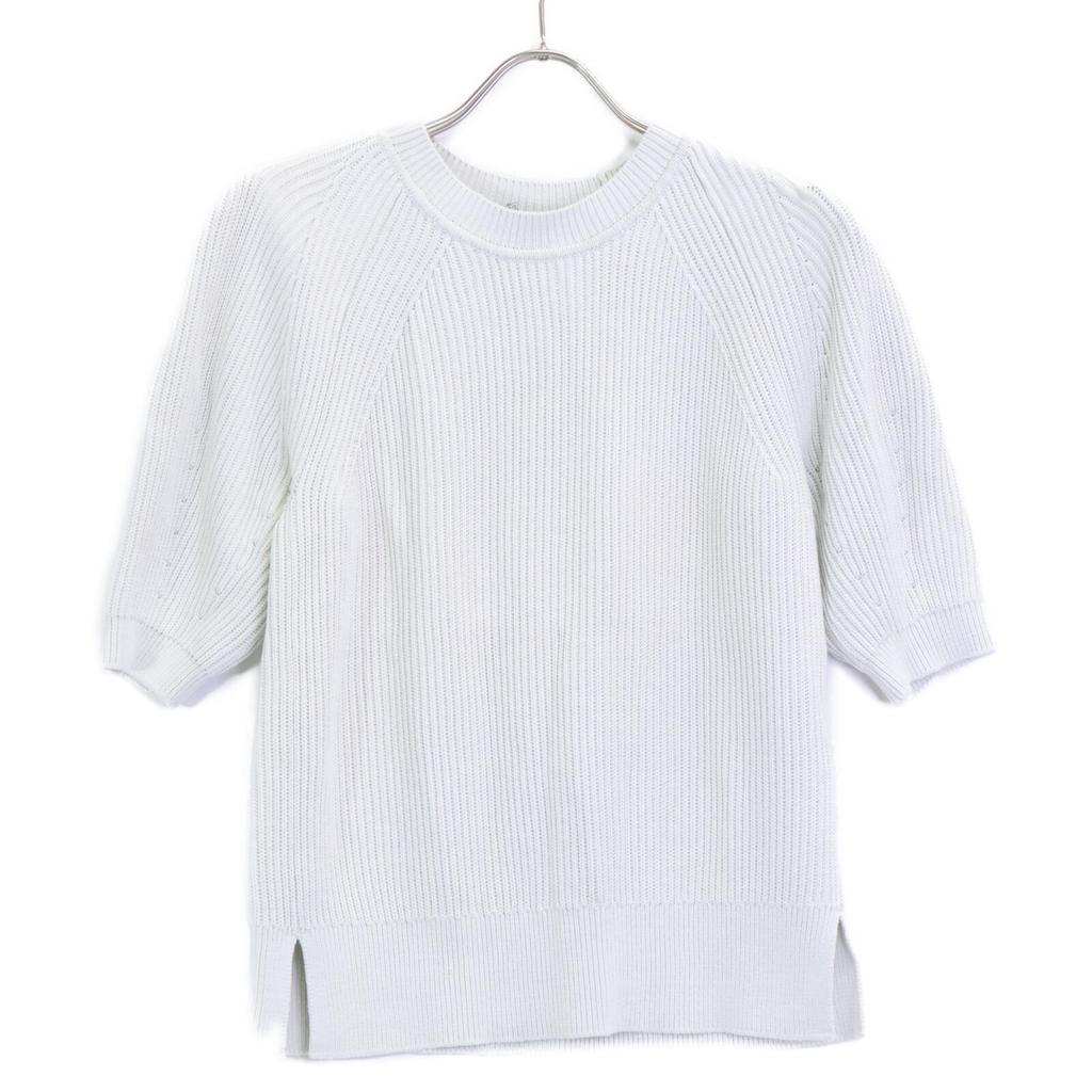 DRAWER 6518-106-0498 White cotton side slit 9G rib knit short sleeve knit pullover tops 1 whiteUsed