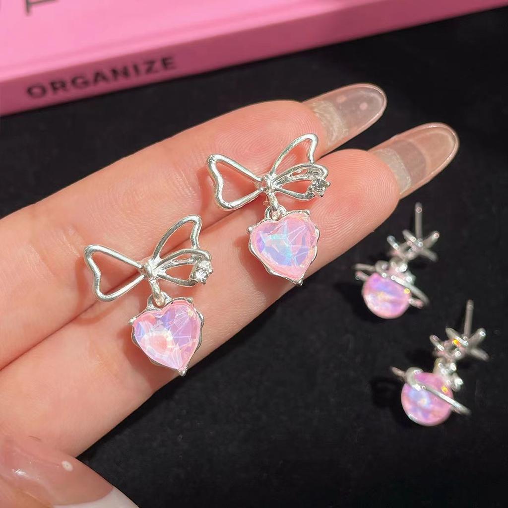 Sweet and Cool Temperament Pink Bow Stud Earrings Ins Tide Aurora Pink Planet Earrings Sweet Earrings