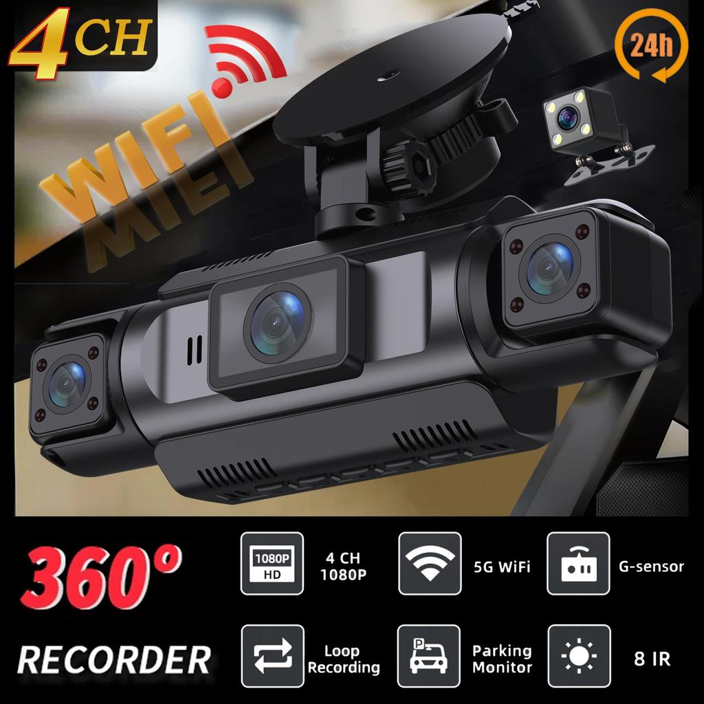 Car Dash Cam 4 Channel Black Box WiFi Driving Camera FHD 1080P Front Left Right Rear Night Vision Loop Recording Add Hardwirekit